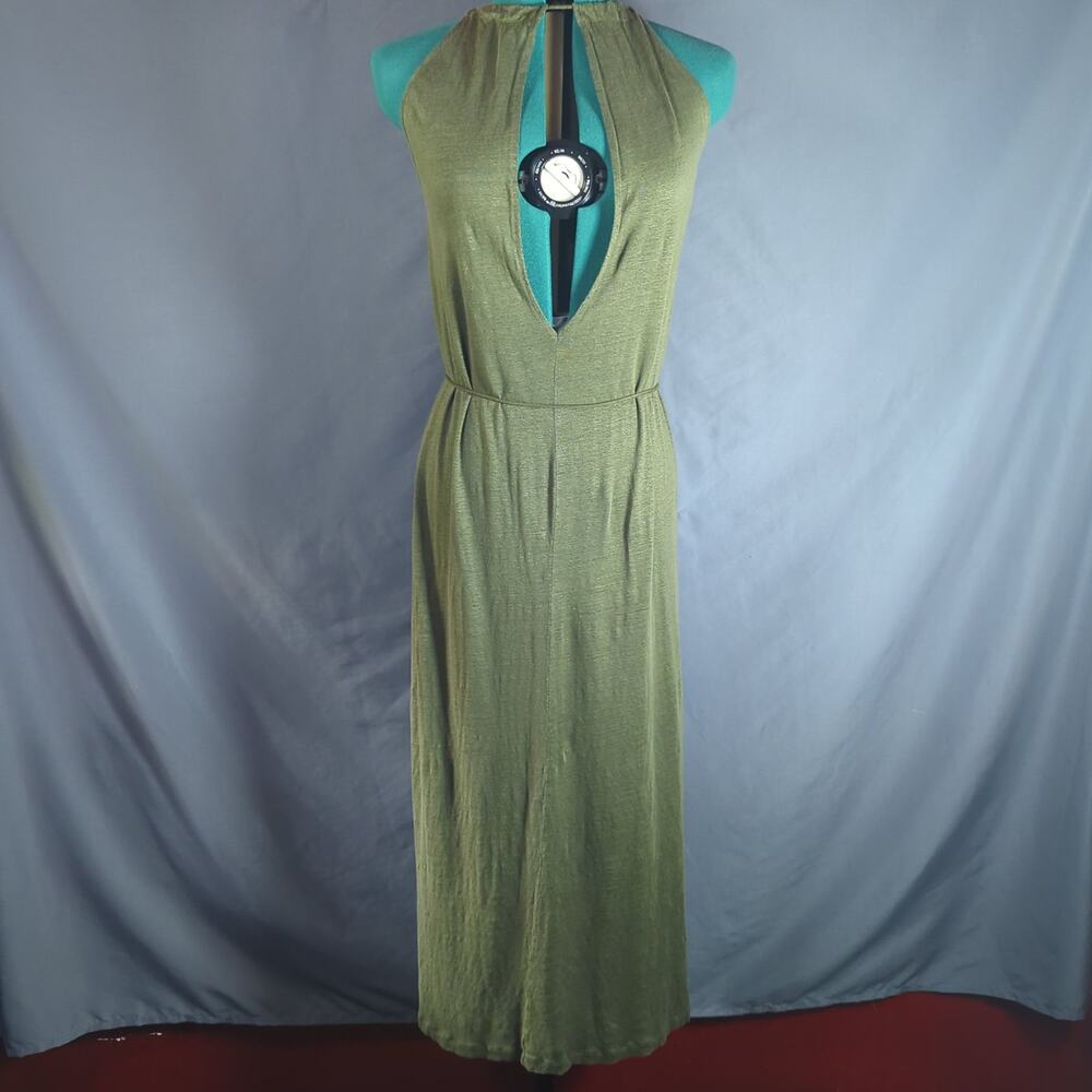 Ninety Percent 100% Linen Olive Green Halter Maxi Dress M Boho